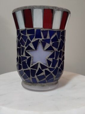 Patriotic Americana Mosaic Glass Votive Holder - Red, White & Blue
